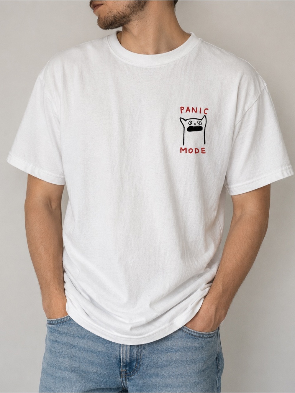 Panic Mode Cat Graphic Tee White Vintage Style